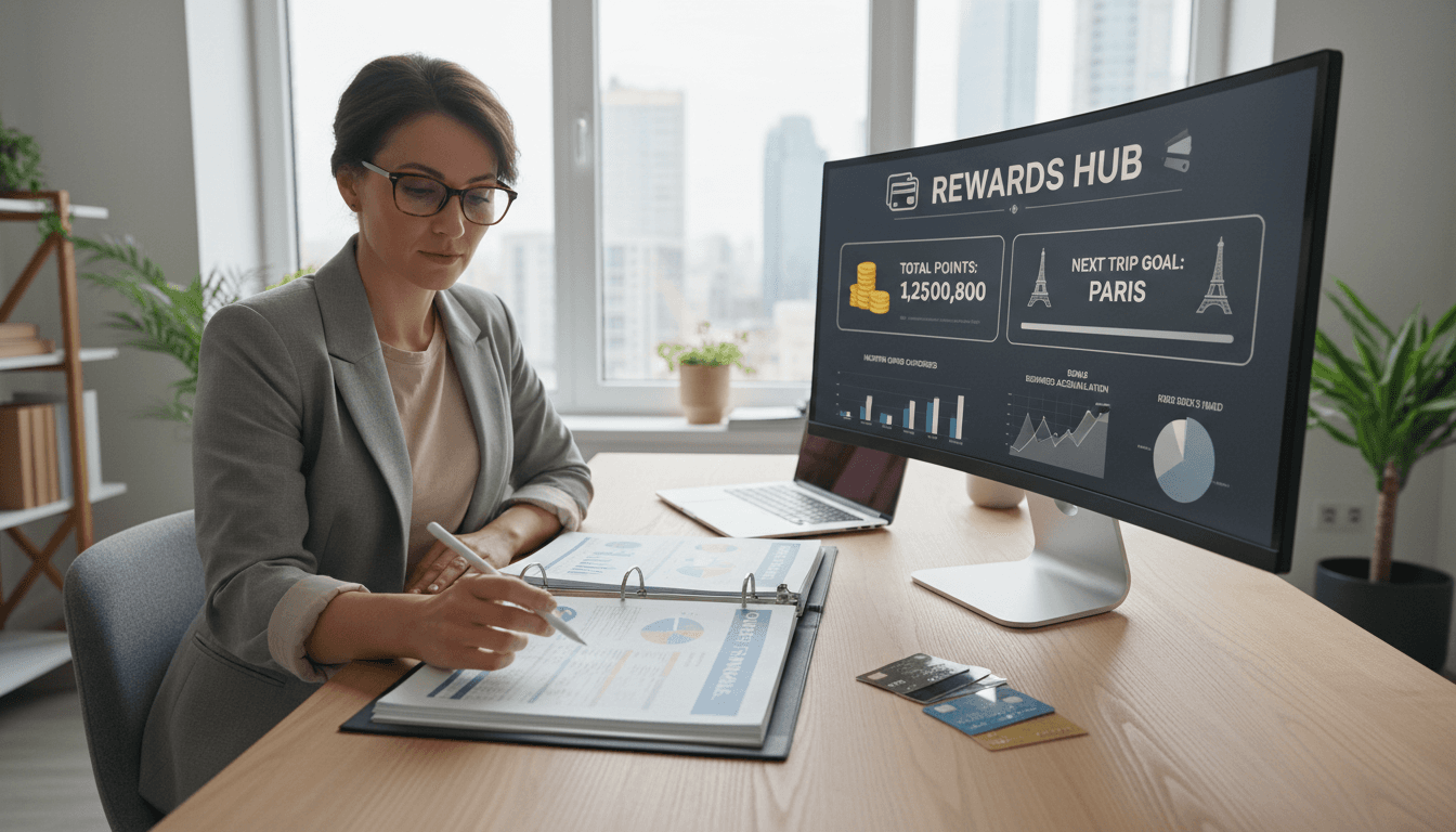 Business owner reviewing financial reports and credit card rewards dashboard