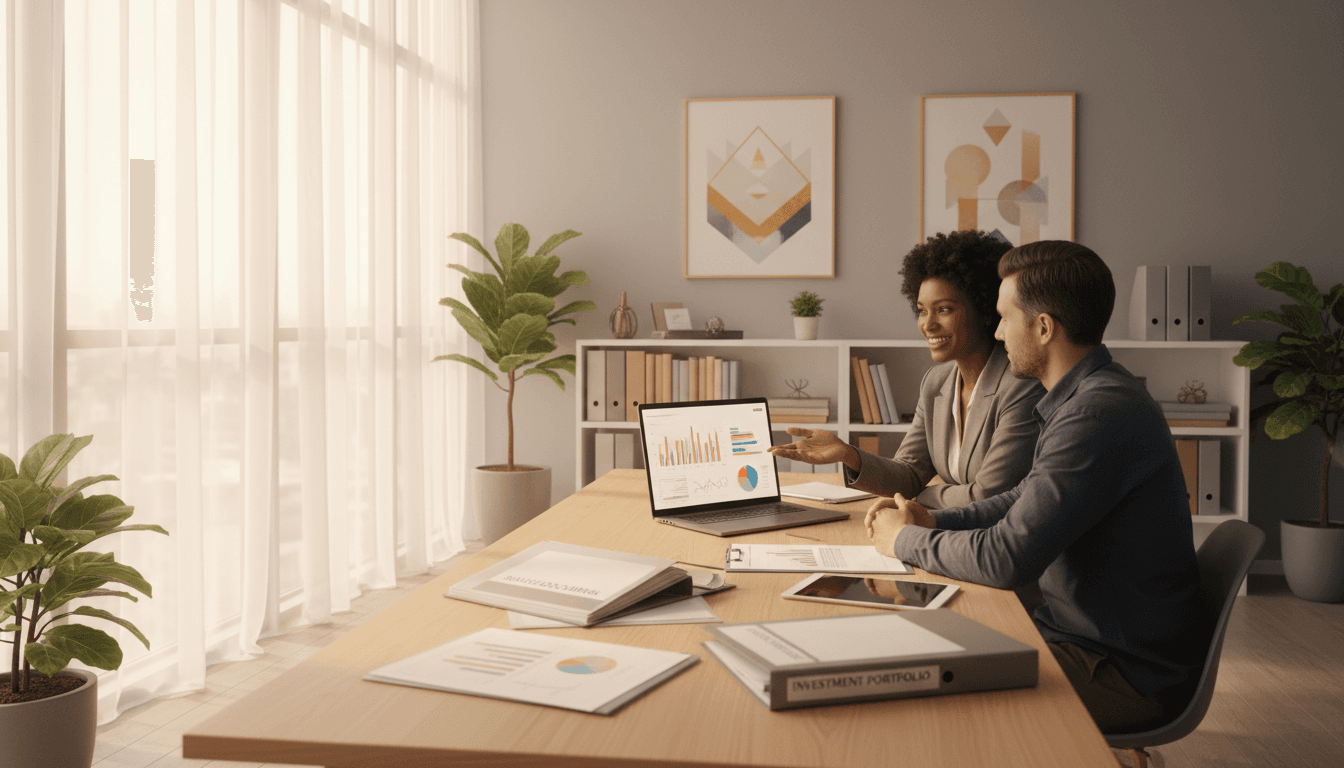 Financial consultant reviewing credit card strategy with client at office desk