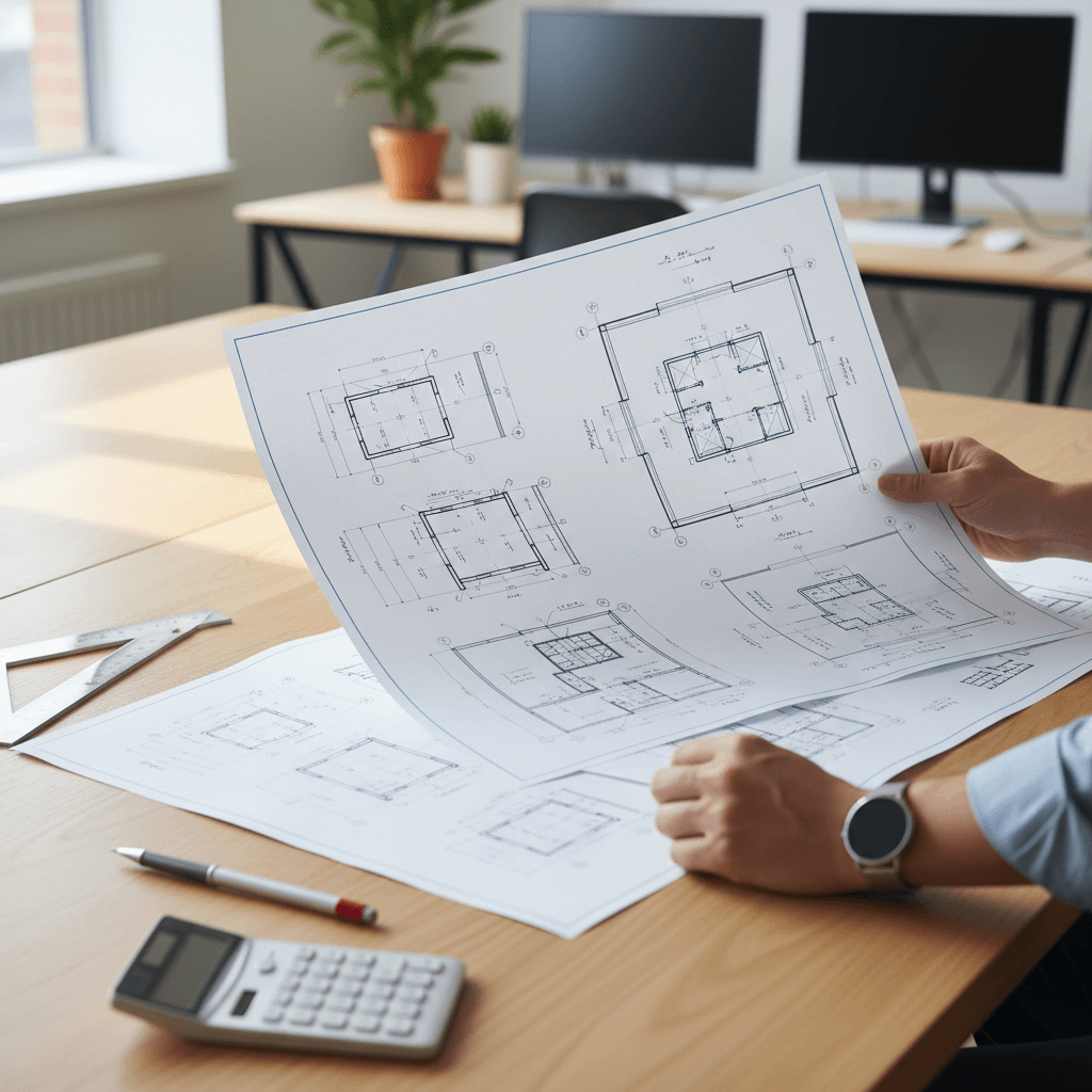 Engineer's hands reviewing blueprints and technical drawings on drafting table with architectural tools