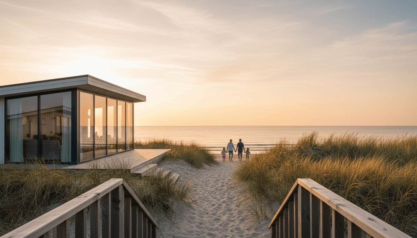 Family walking on sandy beach at sunset in front of modern coastal vacation rental with expansive ocean views