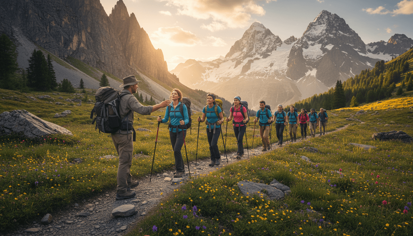 Diverse group of hikers ascending a mountain trail through alpine meadows with snow-capped peaks in the background during golden hour